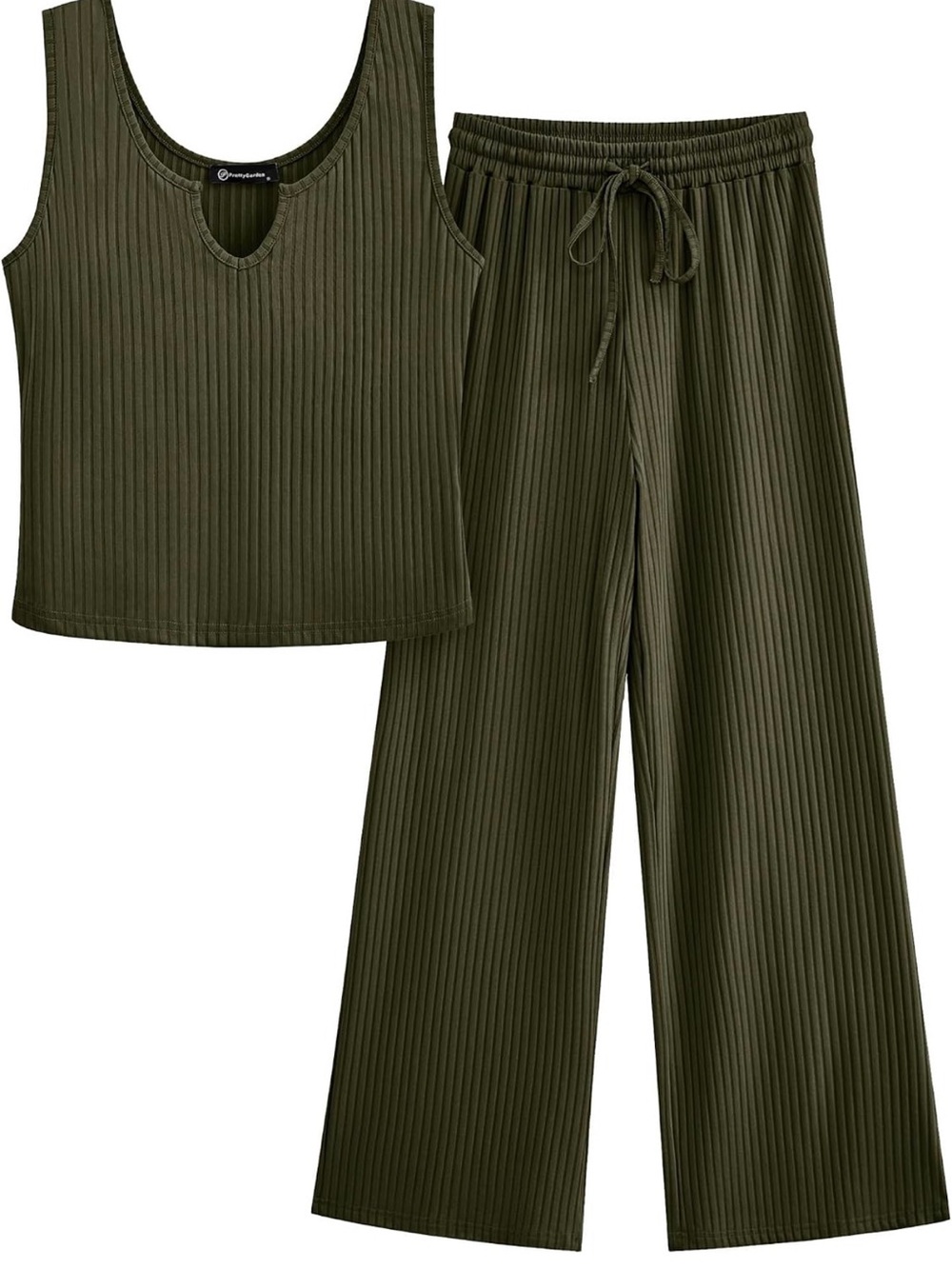 Ribbed Wide-Leg Set with Keyhole Tank - Olive